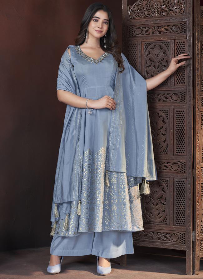 Roman Silk Blue Festival Wear Foil Print Readymade Anarkali Suit